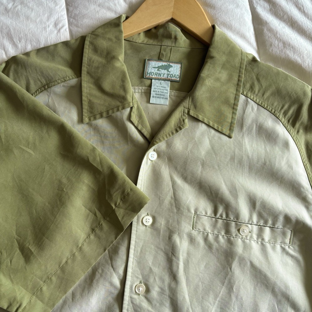 Vtg Horny Toad Two Tone Camp Collar Shirt Mens L Green Retro Surf Cali GORP EUC